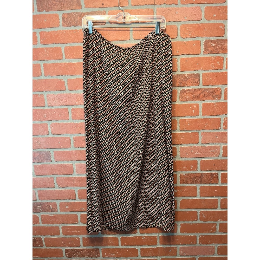 Villager Liz Claiborne Geometric Print Skirt L Black Beige Red Elastic Waist
